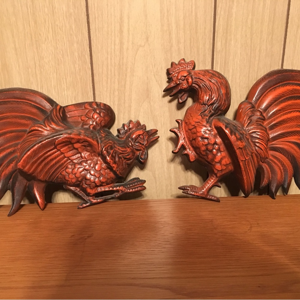 Hoda Vintage Rooster Wall Plaques Orange Metal Set Of Two Mid Century Modern